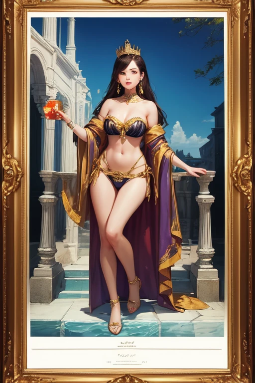 Transsexual deity painting, slender trans woman, beautiful divine painting, slender and divine transsexual with wines and knives on her feet