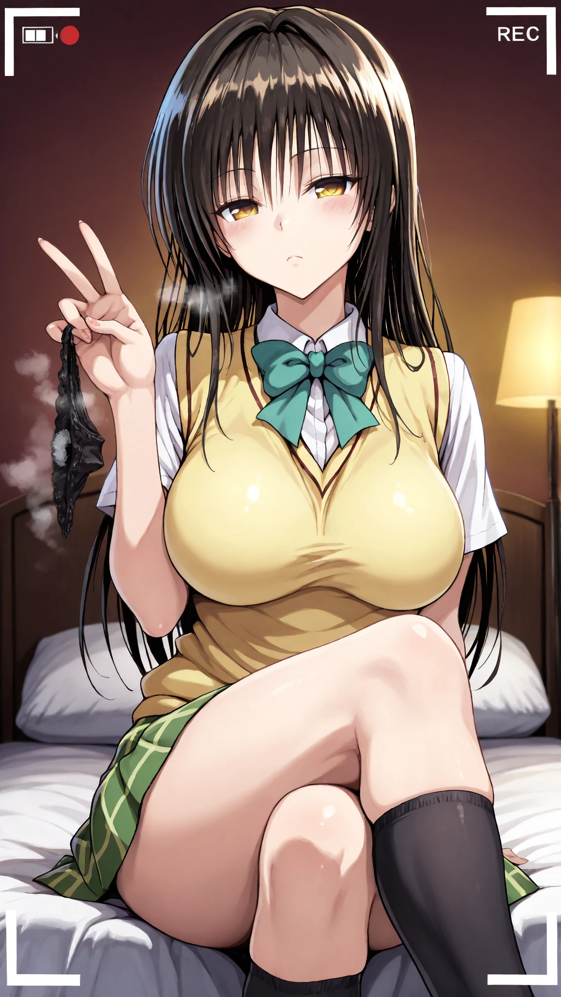 kotegawayui, Yui Kotegawa, Black Hair, (Brown eyes:1.5), Long Hair, break green skirt, Plaid, Plaid skirt, Sainan High , , skirt, break looking at viewer, break indoors, classroom, break (masterpiece:1.2), highest quality, High resolution, unity 8k wallpaper, (figure:0.8), (Beautiful fine details:1.6), Highly detailed face, Perfect lighting, Highly detailed CG, (Perfect hands, Perfect Anatomy),Pussy , Sad face、bed、Pink nipples、Spread your legs、whole body、Sexy pose、belly button、Upper body naked、Lying on your back、Beautiful thighs、Pussyを広げる、Sad face