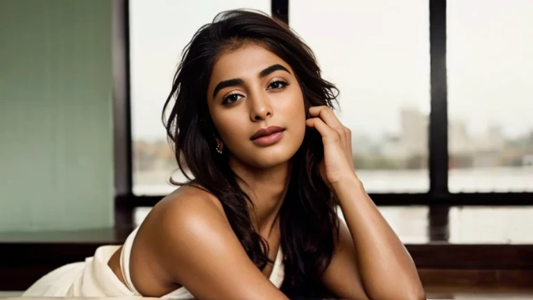 close up photo of 30 years old pooja hegde, in bedroom, lingerie