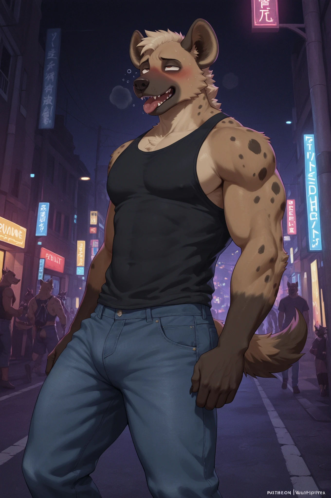 male, anthropomorphic, solo, brown wolf, skinny body type, latex tank top, black nipples