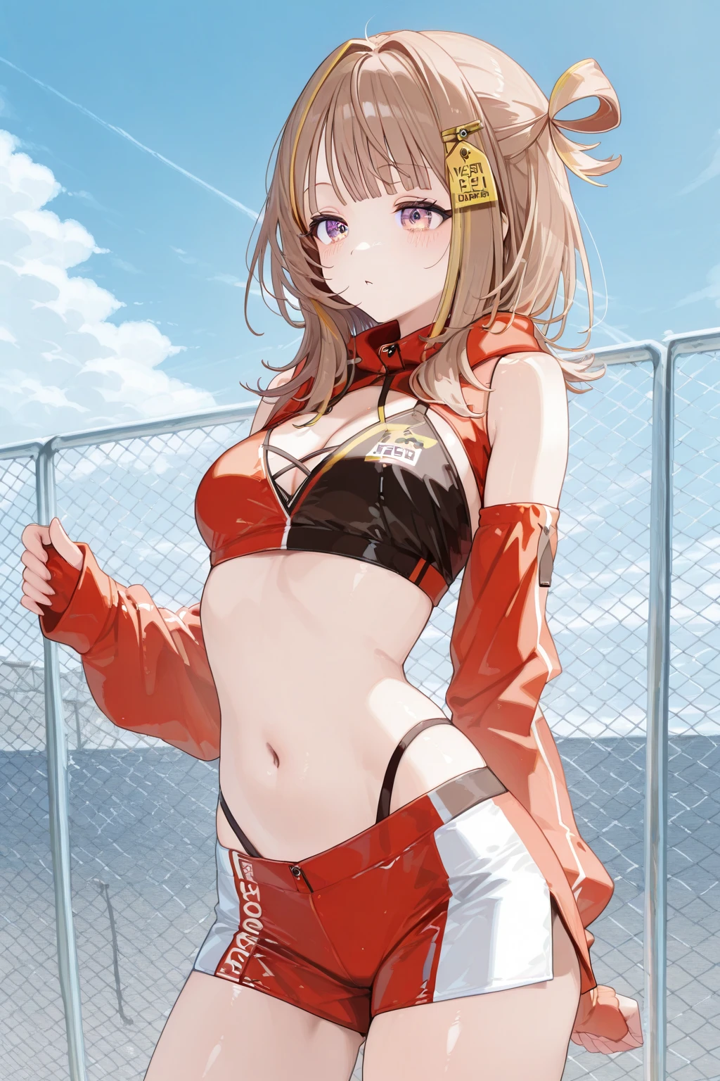 ppkgfl, (masterpiece:1.3), best quality, high quality, absurdres, realistic, 1girl, solo, (race queen), small breasts, very long hair, visor cap, white belt, leotard, see-through, skin tight, bare shoulders, elbow gloves, fingerless gloves, white thighhighs, thigh boots, blush, smile, arms up, stretching, (road), (cityscape), <lora:ppkgfl_v26e2:1>