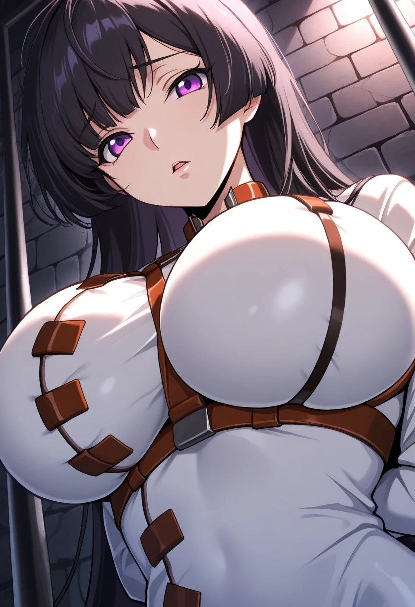 Persona,beautiful black color hair girl with huge breasts, (Nijima Makoto),(Delicate anime CG),(Anatomically correct),Super huge breasts,(Textured Pink Nipple,Milk geysers from the nipples),Watery eye,(Tears),(Full nudity),(The whole body is completely bound with rope,Crotch rope),A belted ball gag that fits perfectly to your mouth,(ball gags with belts in their mouths),(Drooling from the ball gag),The whole body is completely tied up,((Cross your arms behind your back,Completely restrained behind the scenes)),(He was fitted with an iron collar with a long chain),(Sitting upright on the floor of the cell),(Face the viewer)