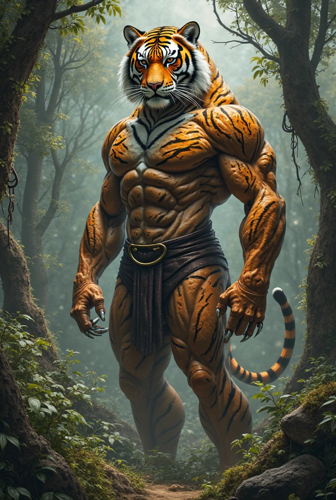 ((best quality)), ((masterpiece)), a big ass muscular anthropomorphic yellow tiger wearing black thong in a forest at night