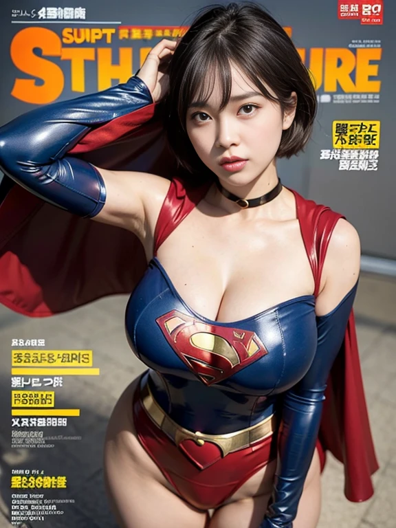 masterpiece、Enamel Supergirl Costume、short hair、Patent leather boots、Big and ample breasts、looking at the camera、choker、Long sleeve、Off the shoulder、mini skirt、Red cloak、Sweaty skin、hospital、Weekly magazine cover、Brave Pose、