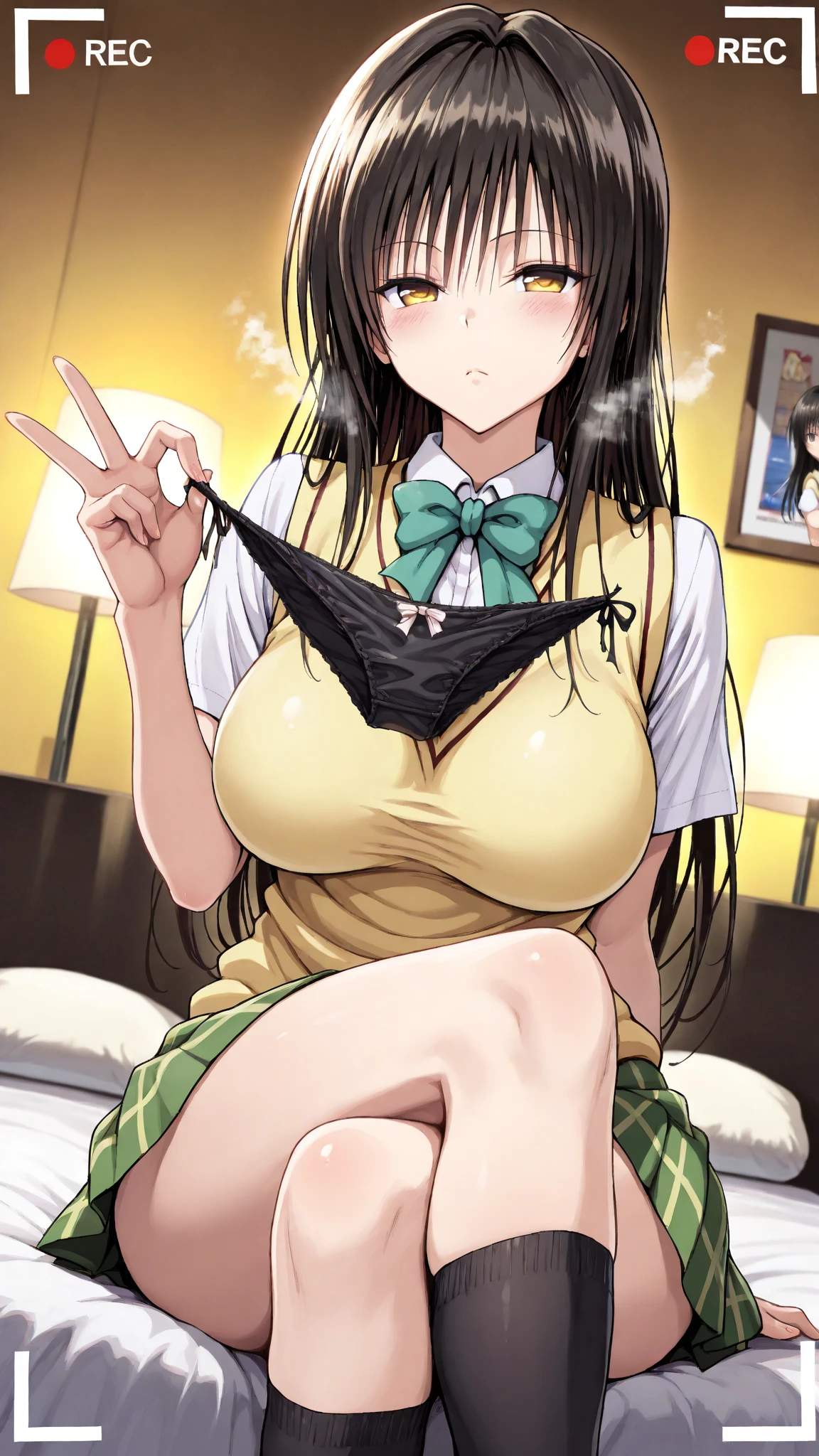 Rei Miyamoto, teen, pleated green mini skirt, thighs, white mid thigh stockings, upskirt, camel toe, panties rosa, topless, big breasts, small nippless, in front of mirror, perfect body
