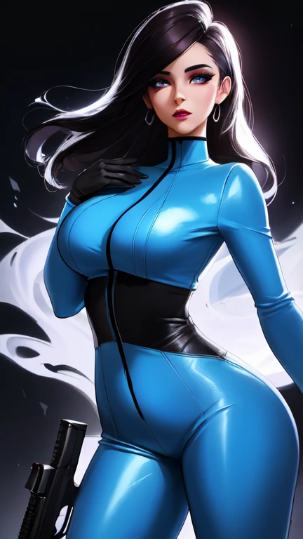 A sensual woman with long black hair, large breasts, thick thighs, blue eyes, makeup, red lipstick on her lips, shuddering beauty, seductive look, wearing a blue dress, multiple poses, shapes and expressions, hair in the wind.