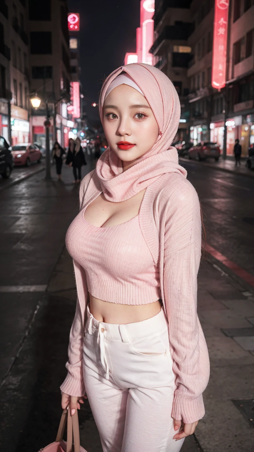 two muslim, lesbian, RAW, Best quality, high resolution, masterpiece: 1.3), (wear: white pink hijab: 1.3), hijabi, Masterpiece, (very Huge breast), (gigantic breast), (very massive breast), (large full breast, see-through Loose oversized torn T-shirt with visible breasts), beutiful face, detail face, big gorgeous eyes, smile, (girl in sexy suit), (wear: sexy lingerie t-shirt (sexy see-through, oversized, backless, underboobs, cropped, low-cut, sleeveless), navel, wearing a sexy (cleavage): 1.3), (wear: short mini skirt, (pleated mini-skirt): 1.3) (breasts-tattoos), (background: day time (shibuya street): 1.3), Excellent lighting, Bright colors, Clean lines, tattoo, (irezumi Tattoo), (tattoos), TATTOO, open legs