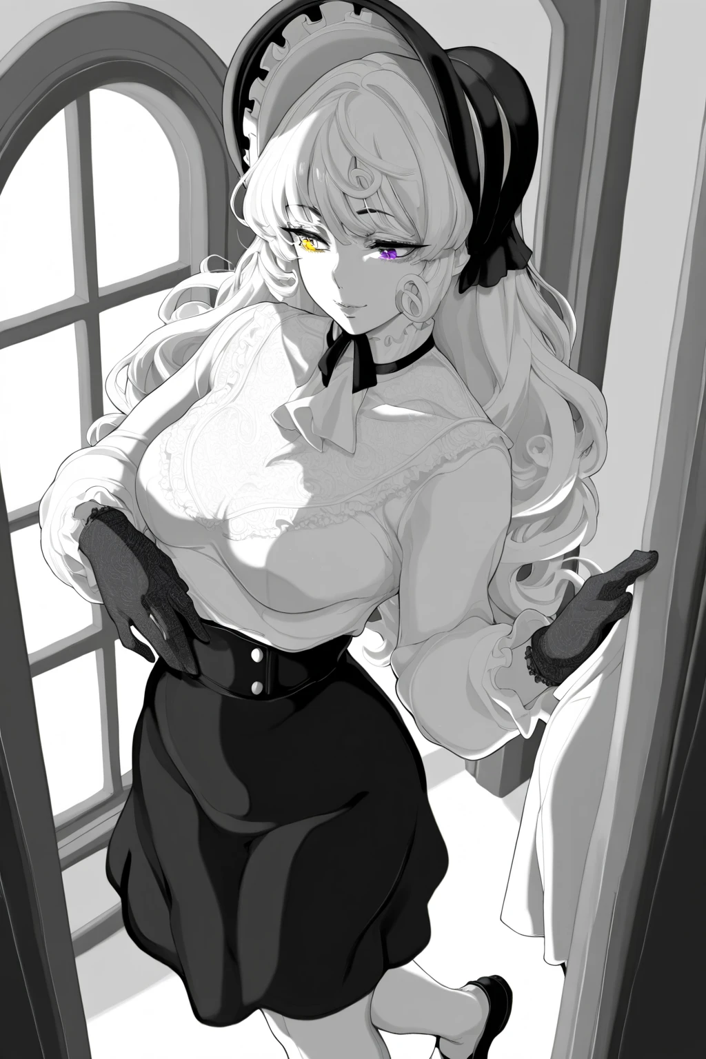 pen_sketch_style, 1girl, solo, ink, detailed face, puffy lips, gothic make up, beautiful woman, sketch, gigantic breasts, frilled dress,huge cleavage, seductive smile