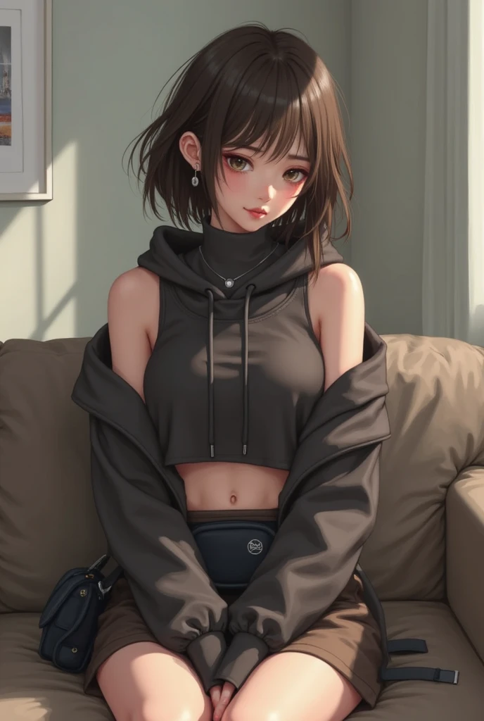 (elf girl), master piece, blushing, freckles, wide hips, slim waist, thick thighs, masterpiece, best quality, sfw, mature 36 year old woman, brown hair, moist face, wavy hair, mouth open, shiny. lips, beutiful round eyes, cropped hoodie, thin panties, black hoodie, black panties, no pants, bikini bottom