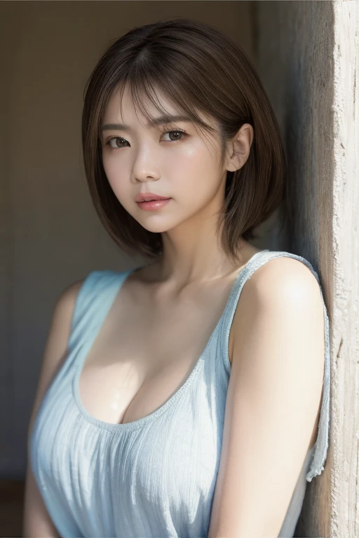 ((One Woman))、8K Ultra HD、RAWphotograph、モデルphotograph撮影、 European Fashion、(masterpiece、Highest quality、Realistic、High resolution、photograph:1.3)、close、I focus、Hot Model、slim、30 year old mature woman、Small face、No makeup、short hair、Beautiful dark brown hayne eyes、Genuineスキン、(Perfect body)、Sexy hot face、erotic、Sexual perspective、slim、Purple Dress、Long sleeve、Beautiful eyes in every detail、Glossy Lips、Small breasts、Small breasts、((Bright light、Dynamic Lighting、Genuine、超Genuine、 realism、Genuineなディテール、Cool Beauty、Cool pose、The background is a night view、Plain gray background