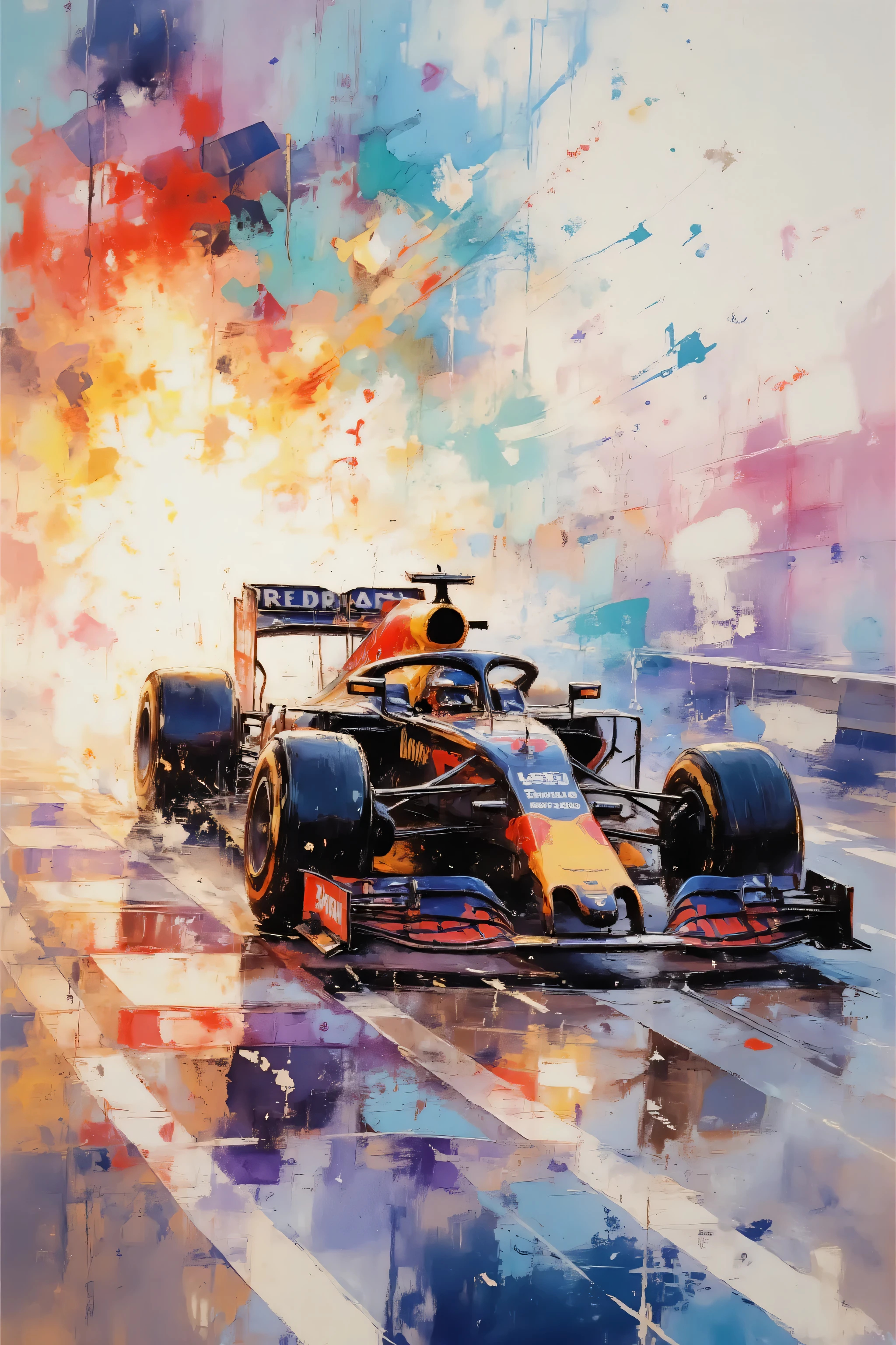 watercolor painting style, Red Bull Formula 1 car drifting through a sharp corner on a racetrack, dramatic angle, front wheels turned, tires gripping the track, colorful explosion of rainbow-hued tire smoke and glowing debris trailing behind, vivid pigments splashing outward like an abstract aurora, iconic red, blue, and yellow Red Bull livery seamlessly blending with the surreal watercolor background, motion blur rendered as streaks of luminous paint, ethereal atmosphere with expressive ink bleeds and flowing brushwork, soft sunlight filtering through mist, magical and dreamlike tone, dynamic composition, sense of speed and power, high detail, hand-painted masterpiece