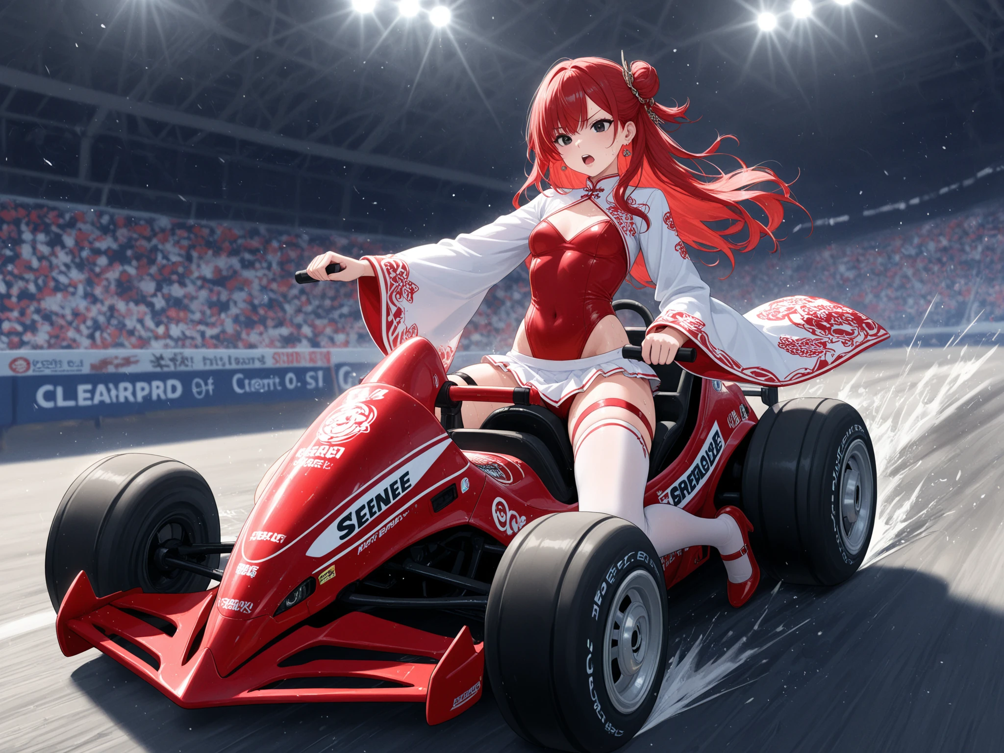 A red haired woman F-1 racer with red eyes is sitting on her F-1 car.