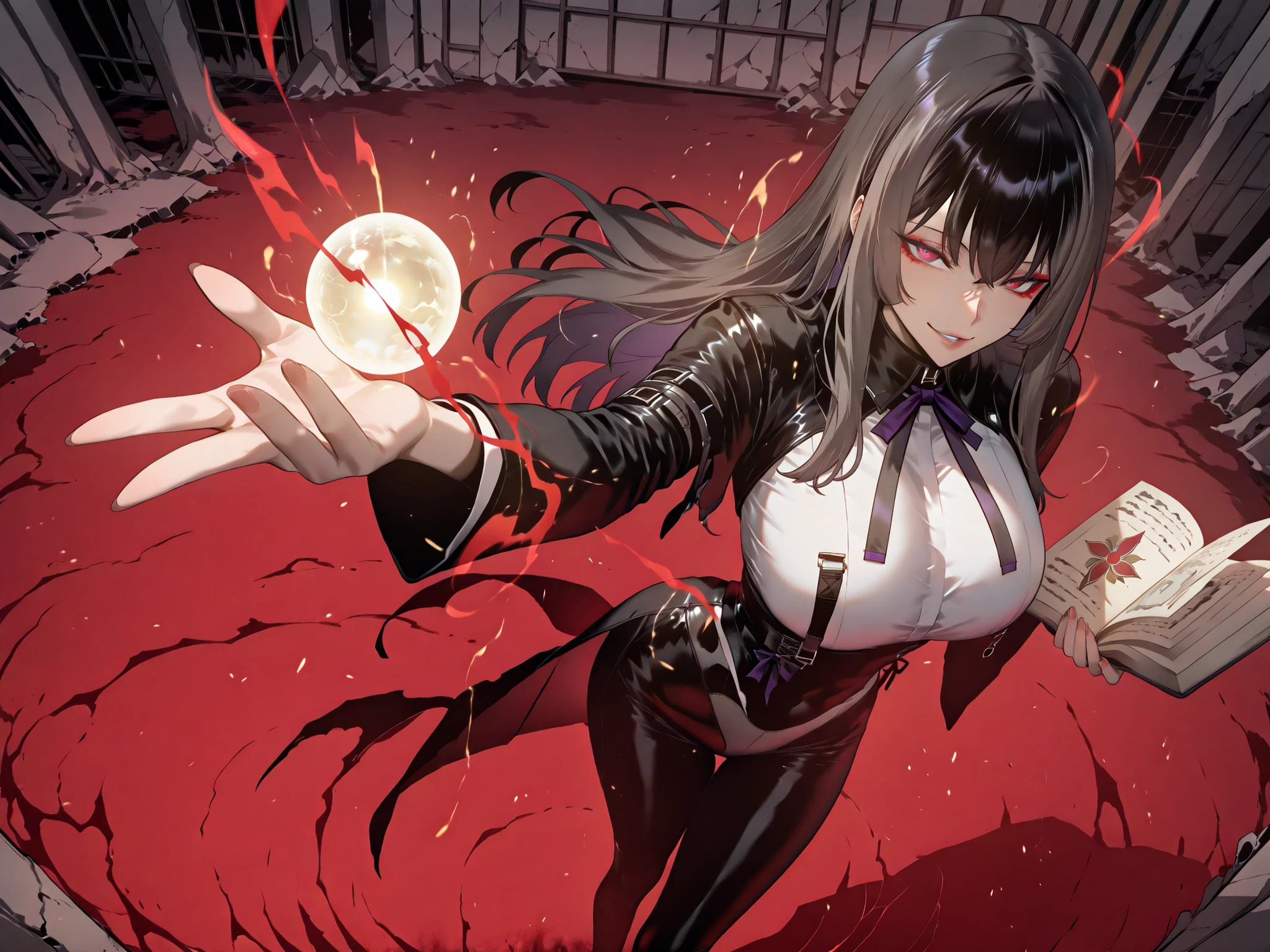 Ball of Light、雷magic、Ball of Light、fireball、taken from above、caveの中、Ruins、black suit、black longsuit、 black long jacket、ゴスロリなshirt、Depressed、Tall Woman、A woman in her thirties、 Alassah's woman、Steins;Gate、 black longsuit 、score_9, score_8_up, score_7_up, Source_anime,masterpiece、No expression、no makeup、top quality,beautifully detailed eyes in a logistics warehouse, Exquisite Eyes、A sophisticated eye、highly detailed eyes and faces,unmotivated expression、lethargic face、 long breasts, Black Jacketを羽織る、Black Jacket、shirt, big saggy breasts, shockingly big breasts, big breasts,big boobs、boobs 、Zitoida, makeup、no makeup、long hair、smooth straight hair、black slacks、tall woman、Tall Woman、plump thighs, parted lips、 shining eyes,(Fire Aura Onkown),dungeon内、Crimson Eyes、long hair、dark haired、黒い髪、Long Straight Hair、dungeon、cave、Ruins、solo、soloプレイヤー、red aura、 Crimson Aura 、Wide ass、beautiful butt、and stick your butt into the focus of your butt、long boots、Shoulder Armor、Fearless Laugh、strong、Is confident、suit pants、黒いlong pants、Black Skinny、long pants、Dynamic、Satu、fight、Satu狂、俺だけレベルupな件、arrogant、 Confidence々The smile 、bewitching smile、Sadist、Satu中、hunting、hunting、intimidating、magic使い、magic、Spell Book、magic、Spell Book、magicの本、Floating Book、floating book、Pearl of Light、Light Ball、 Floating Books、Flying Book、左手にmagicの玉、plasma、plasma球、Glowing sphere