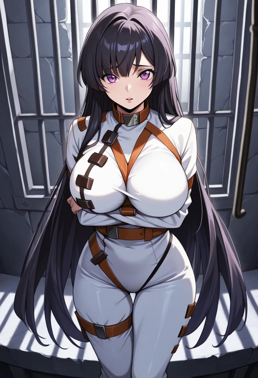 masterpiece, best quality, absurdres, guilty,
white bodysuit, huge breasts, chest harness, breast strap, chain,
very long hair, purple eyes, brown hair, green hair, two-tone hair, curvy