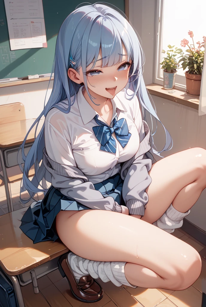 最high quality、high quality、best image quality、8K、最High resolution、High resolution、最high quality、masterpiece、whole body photos、 skin in every detail、 face in every detail、 eyes in every detail、 lips in every detail、 teeth in every detail、 ears with attention to detail、 hair with detailed details、arms with attention to detail、 hands with attention to detail、 fingers with attention to detail、 (fine hands、thumb1reference4)、 legs with attention to detail, feet with attention to detail, 8k, ultra HD, sharp focus, details hair, beautiful hair, details face, beautiful detail eye, details pupil, perfect hand, vibrant colours, soft lighting.
1girl, long hair, light blue hair, dark purple eyes, large breast, crop sails suit, summer , white skirt, no school shoes, black panties, no socks.
in classroom, sit on desk, beside window, blue sky, nice clouds