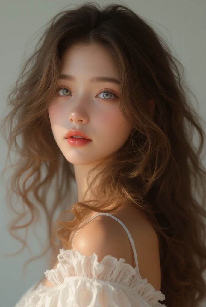 A white girl with light brown hair, thin eyebrows, big eyes long eyelashes, round and small face, split to the side, dressed in black
