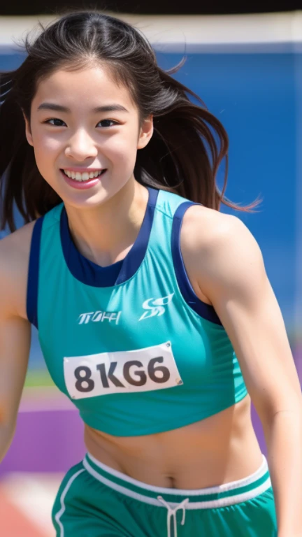 8k、Ultra-high resolution、Highest quality、masterpiece、Realistic、Ultra-high resolution、High-definition RAW color photos、Professional photos、real、photo realistic、(Always big breasts、Definitely a pretty big bust、cleavage)、Vivid lighting、Natural skin texture、Fine skin、Hyperrealism、Intricate details、Depth of written boundary、Adult women、masterpiece、Highest quality、High Detail、Eye highlights、Lip gloss、((smile、((Very Short Hair))、Marathon runner、Streets of skyscrapers,Drive in the center of the road、Dark gray separate uniform for track and field athletes、redSports Bloomers、(Full body running pose):1.5))、running shoes、((running、Must-have red high leg bloomers for competitions,()Crowds along the road,Lots of runners):1.6)),(athletic female,running,Sprinting,((flat chested,small breasts,Erect nipples)),wet clothes,sweating:1.3)