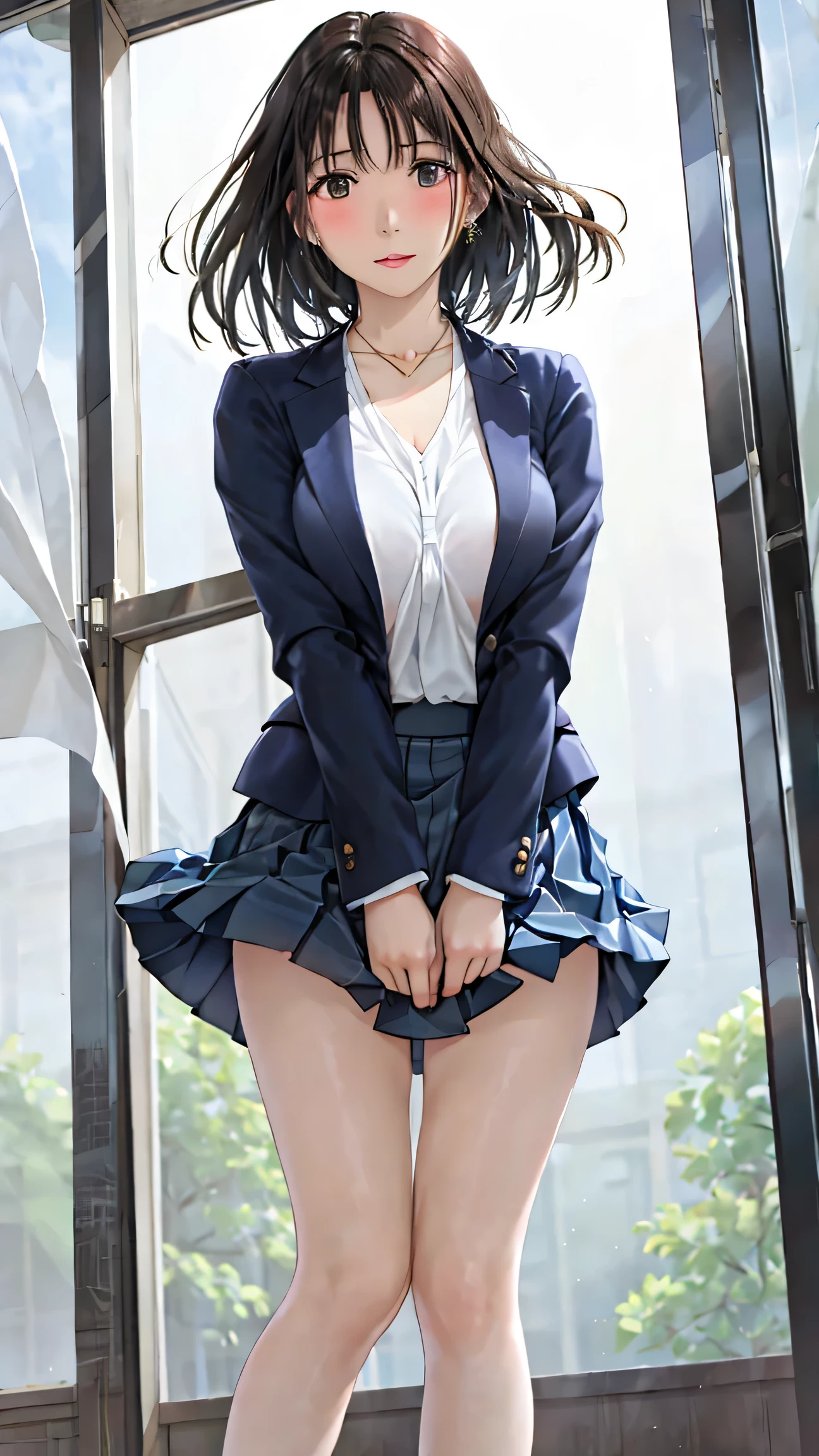 highest quality, Flying debris、Beautiful woman、officeレディー、Black Hair、(Brown eyes、Big Breasts、Blunt bangs)、short hair、チェック柄のダークブルーのofficeスーツ)、new employee,Full Body Shot、Female office lady、break(Dark blue checked vest、White dress shirt、Navy blue long tight pencil skirt:1.2)、(Black Knee High、High heels)、break(office:1.3)、Cleavage、Shirt buttons fly off、garter belt