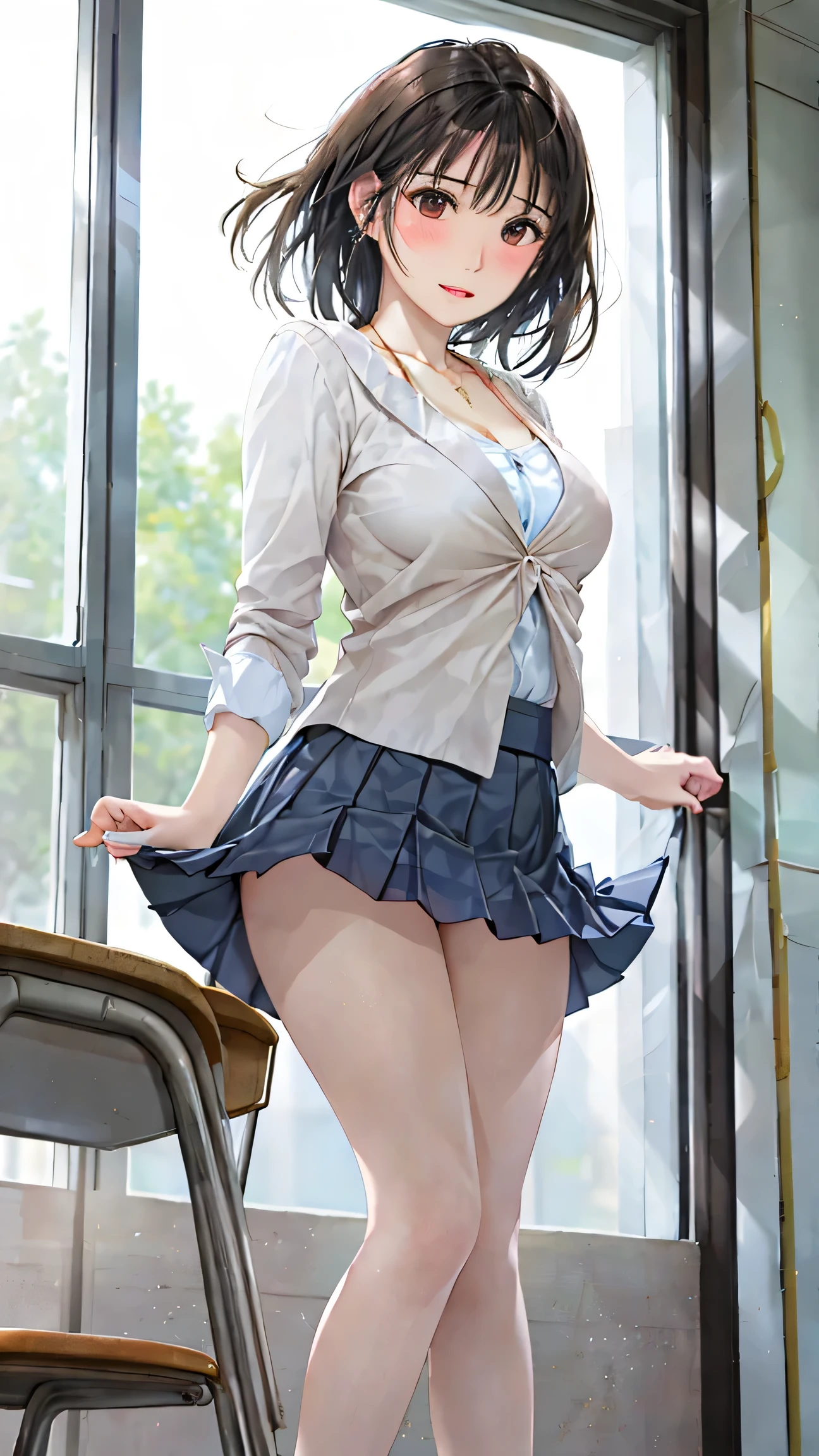 ((Tabletop, highest quality, High resolution, Pixel perfect, 4K,)), 1 girl, single, alone, Beautiful woman、I could see the whole body、 ((Short Wavy Hair, bangs, Brown Hair)), ((Brown eyes, Beautiful eyelashes, Realistic eyes)), ((Detailed face, blush:1.2)), ((Smooth texture:0.75, Realistic texture:0.65, Realistic:1.1, Anime CG Style)), Medium chest, Dynamic Angle, Perfect body, ((school uniform, White shirt, Black Skirt, Unbuttoned shirt、Checked skirt、No shoes、White socks)), An empty classroom、Sit on a desk、evening、、、Very embarrassing panic smile、(Lift up your skirt with your right hand、Spread your legs、Knees wide open、Touching the groin with the left hand、Light blue and floral lace panties)、、(Light blue lace bra)、Angle from below