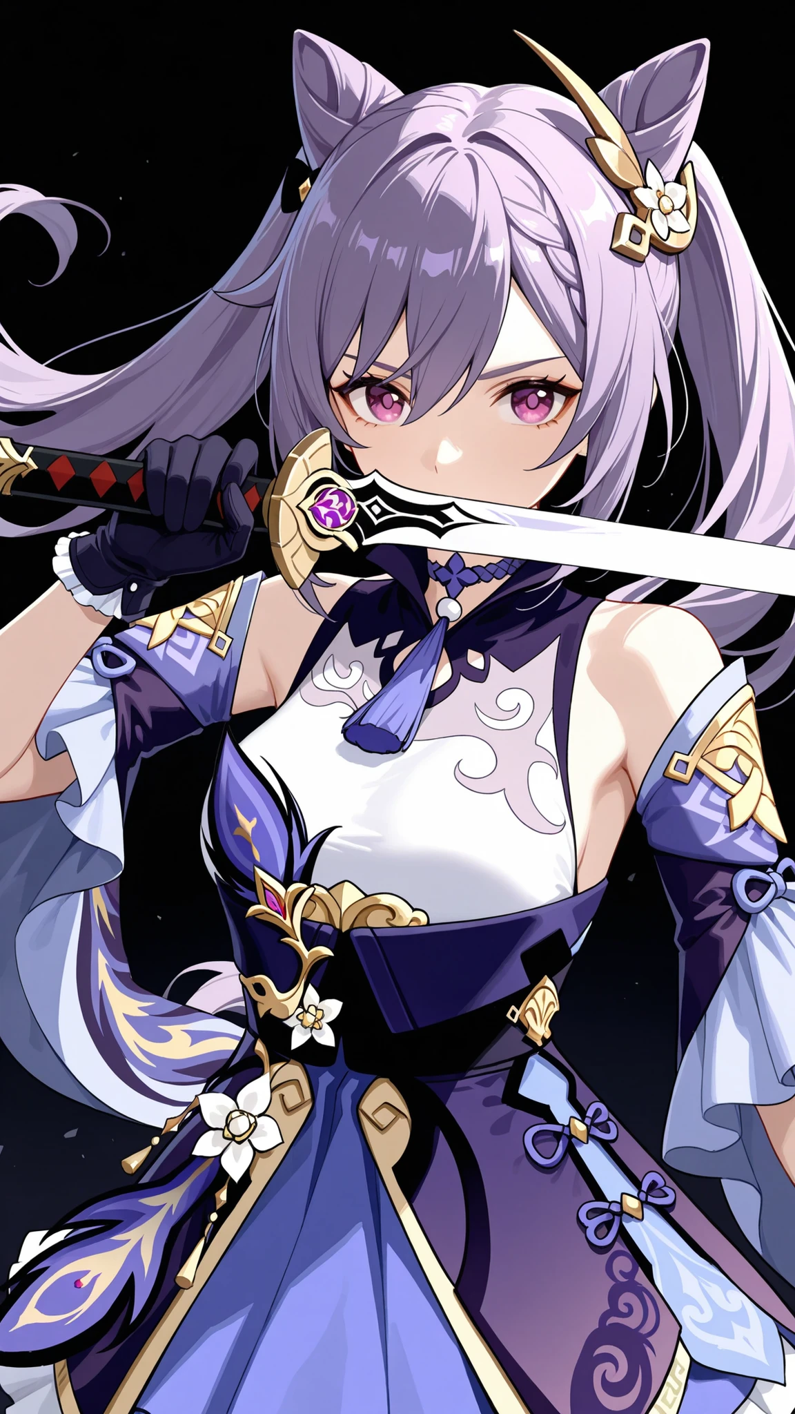 1girl,black background,black gloves,cone hair bun,covering own mouth,detached sleeves,dress,floating hair,gloves,hair between eyes,hair bun,hair ornament,holding,holding sword,holding weapon,keqing \(genshin impact\),long hair,looking at viewer,purple dress,purple eyes,purple hair,solo,sword,twintails,upper body,weapon,wide sleeves,