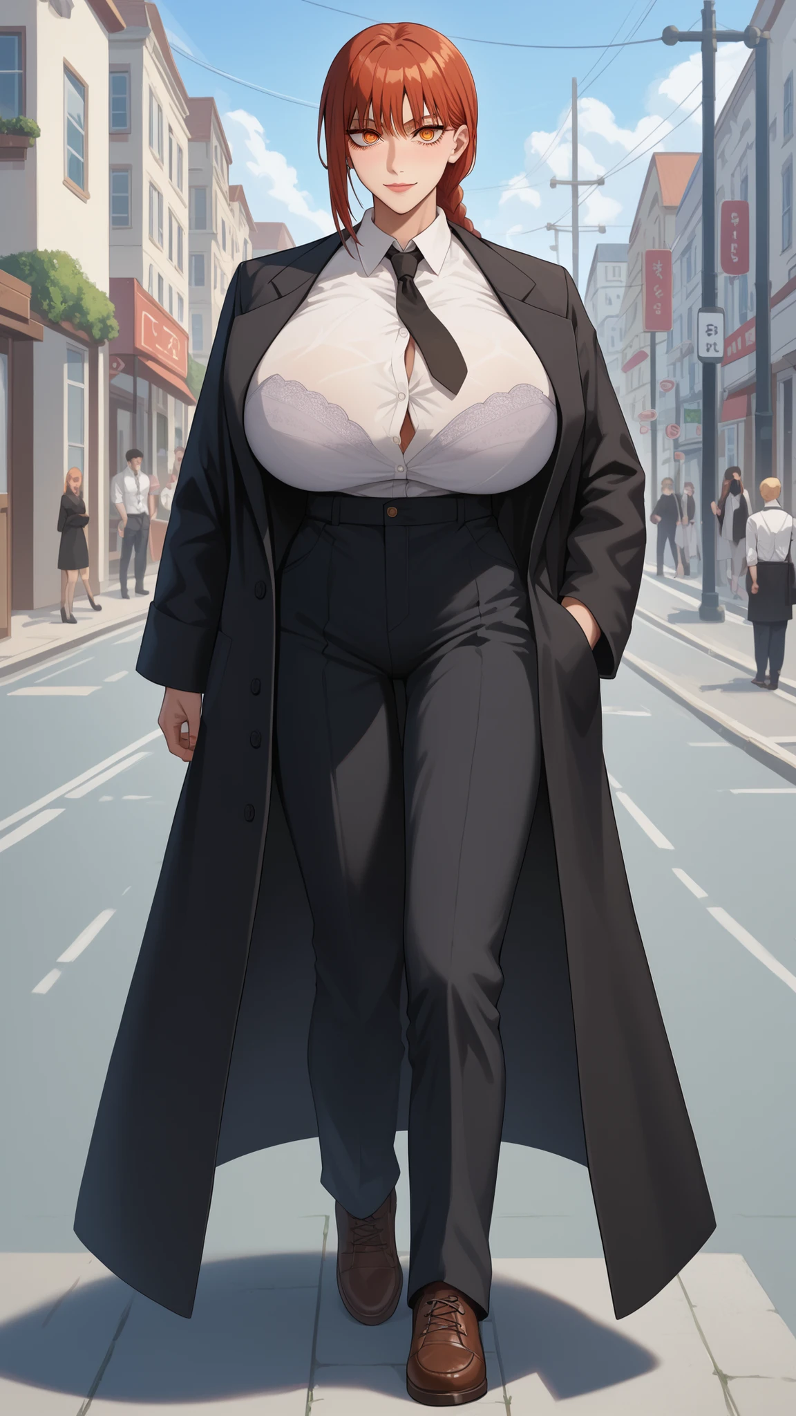 Standing full length mature woman with big breasts, voluminous breasts, curvy breasts, fishnets, mujer madura de pie altura completa de Whole body entero BIMBO, Best Quality, Very detailed, ultra 8k resolution,huge chest, shelter, vest, portrait, Whole body, Victoria's clothing, long dress, gentleman, pants, black leather suit, medieval city, vest,Polo shirt, long skirt