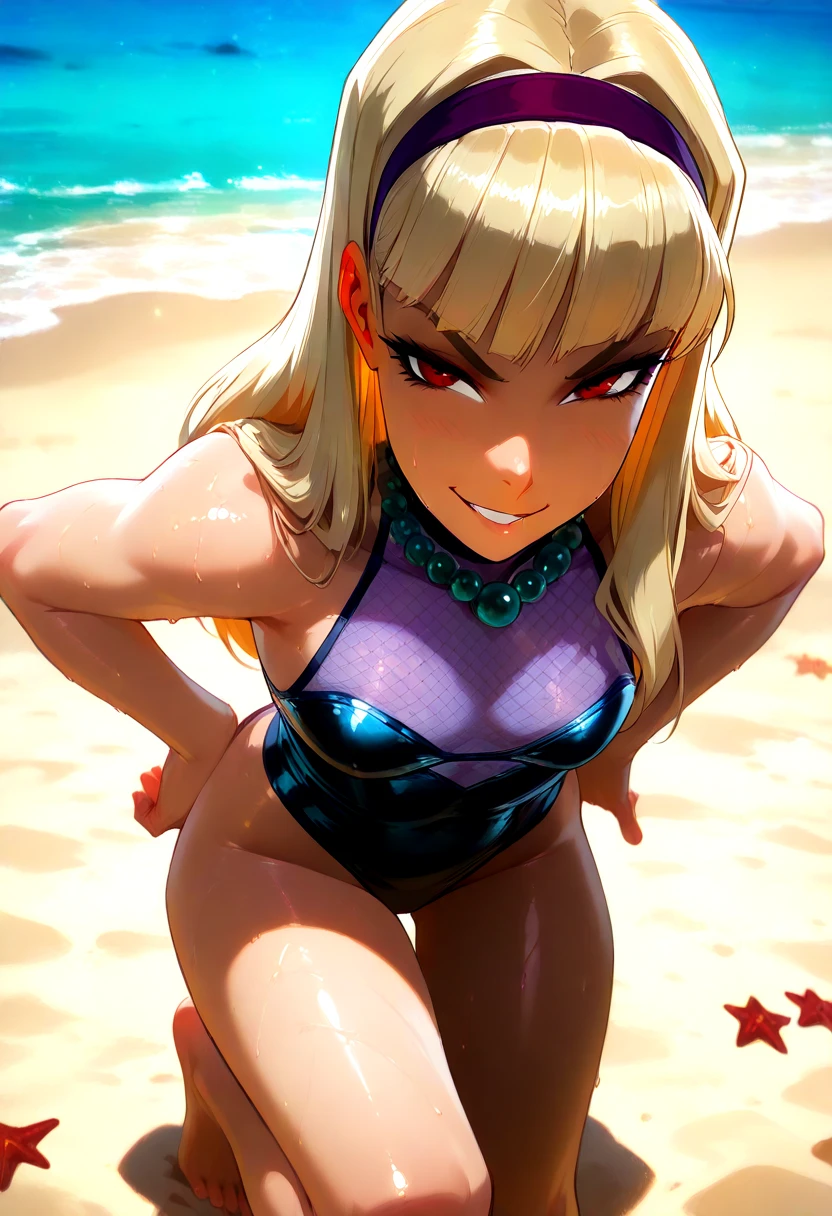 black skinned female with blonde hair, wearing pink bikini top, wearing denim shorts, has tattoos, alone, solo, solid color backround, pink eyes, bratty