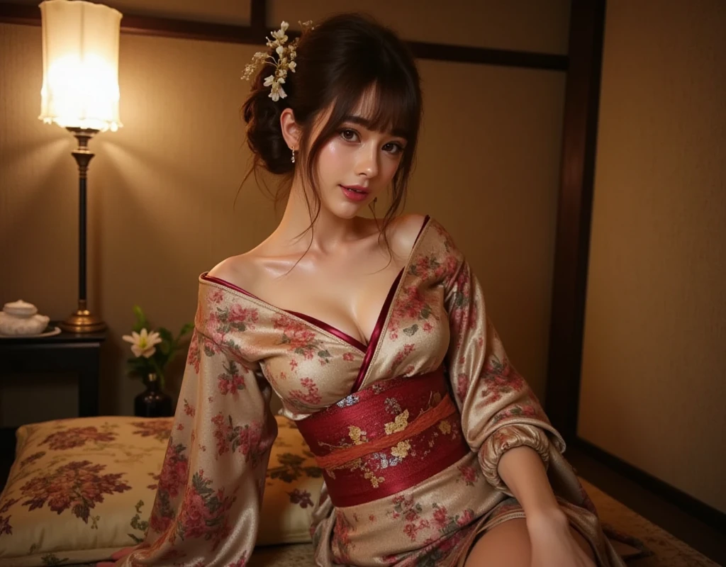 beautiful detailed woman in red kimono with open shoulders and legs, detailed face, beautiful breasts, sunset, highly detailed, 8k, photorealistic, dramatic lighting, elegant, cinematic, detailed hair, detailed fabric of kimono, beautiful scenery, vibrant colors, intricate patterns on kimono, depth of field, realistic skin tones
