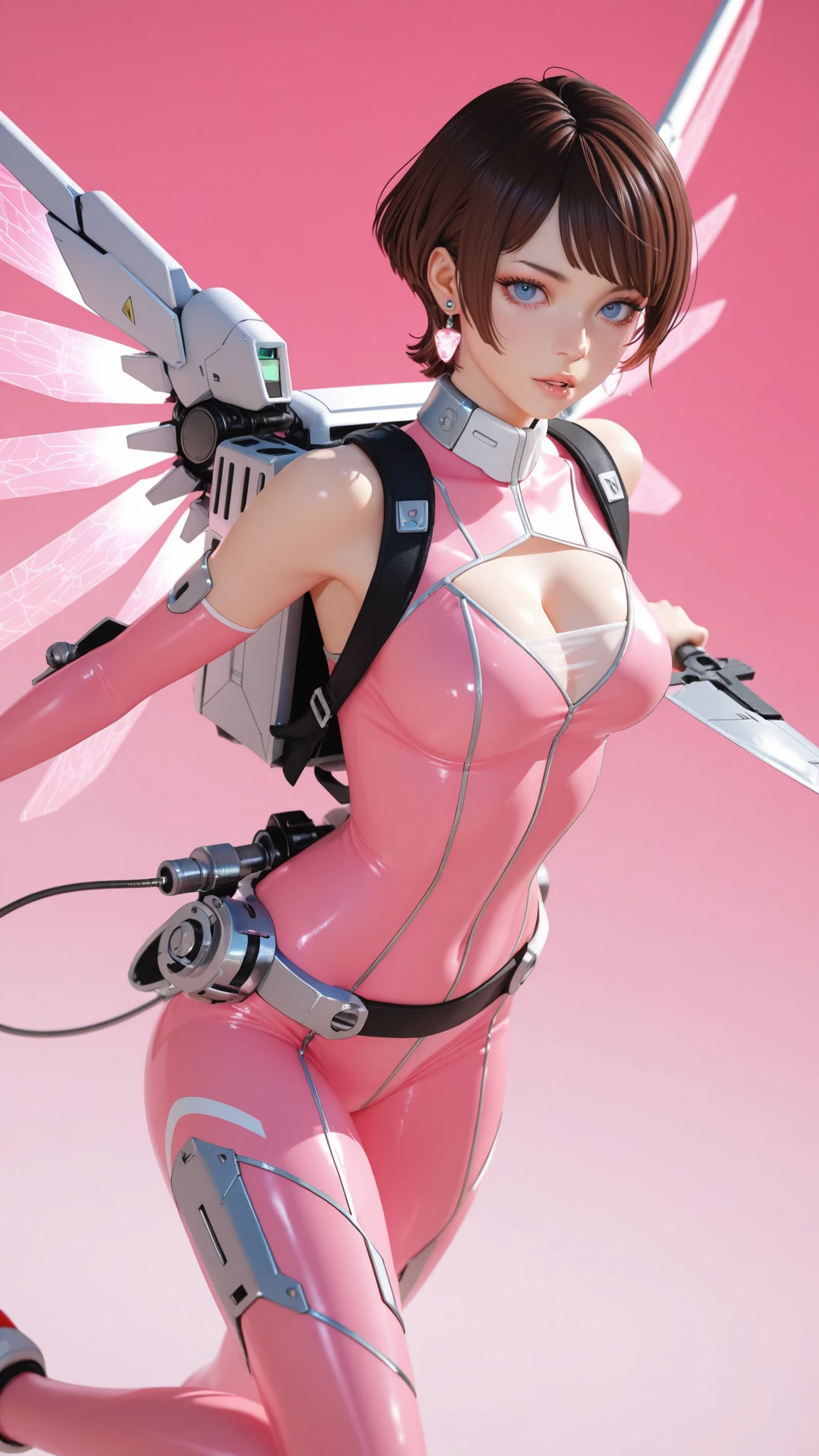 Yoneyama Mai,realistic,ganglan,dongfang,\(glow\),emit light,figure,realistic,\(Backpack\),ganglan,Beautiful eye shadow,\(Backpack\),\(glow\),emit light,figure,realistic,emit light,figure,realistic,jiniang,gynoid,deck,weapon,\(prow\),(Dynamic angle, dynamic pose)3D 3D render CGI,Gundam thruster,cannon,machinery,sheathed,Mechanical,hyper-realistic pvc texture,high-poly sculpted detail,Realistic,Metallic texture,reflective texture,Symmetric design,long knife,Futurist weapons,sensitive.Huge mechanical wings,Depth of field,seeing body curves through clothing,Silk clothing,distant view,Stereoscopic maneuvering device,3D Maneuvering Gear,
3D 3D render CGI , (Dynamic angle, dynamic pose),   1girl  bag  bangs  bare shoulders  blue eyes  bodysuit  breasts  brown hair  cleavage  earrings  eyelashes  gradient  gradient background  jewelry  lips  looking at viewer  makeup  medium breasts  nose  parted lips  piercing  pink background  pink bodysuit  pink theme  realistic  see-through  short hair   skin tight  solo  stud earrings  swept bangs  upper body
