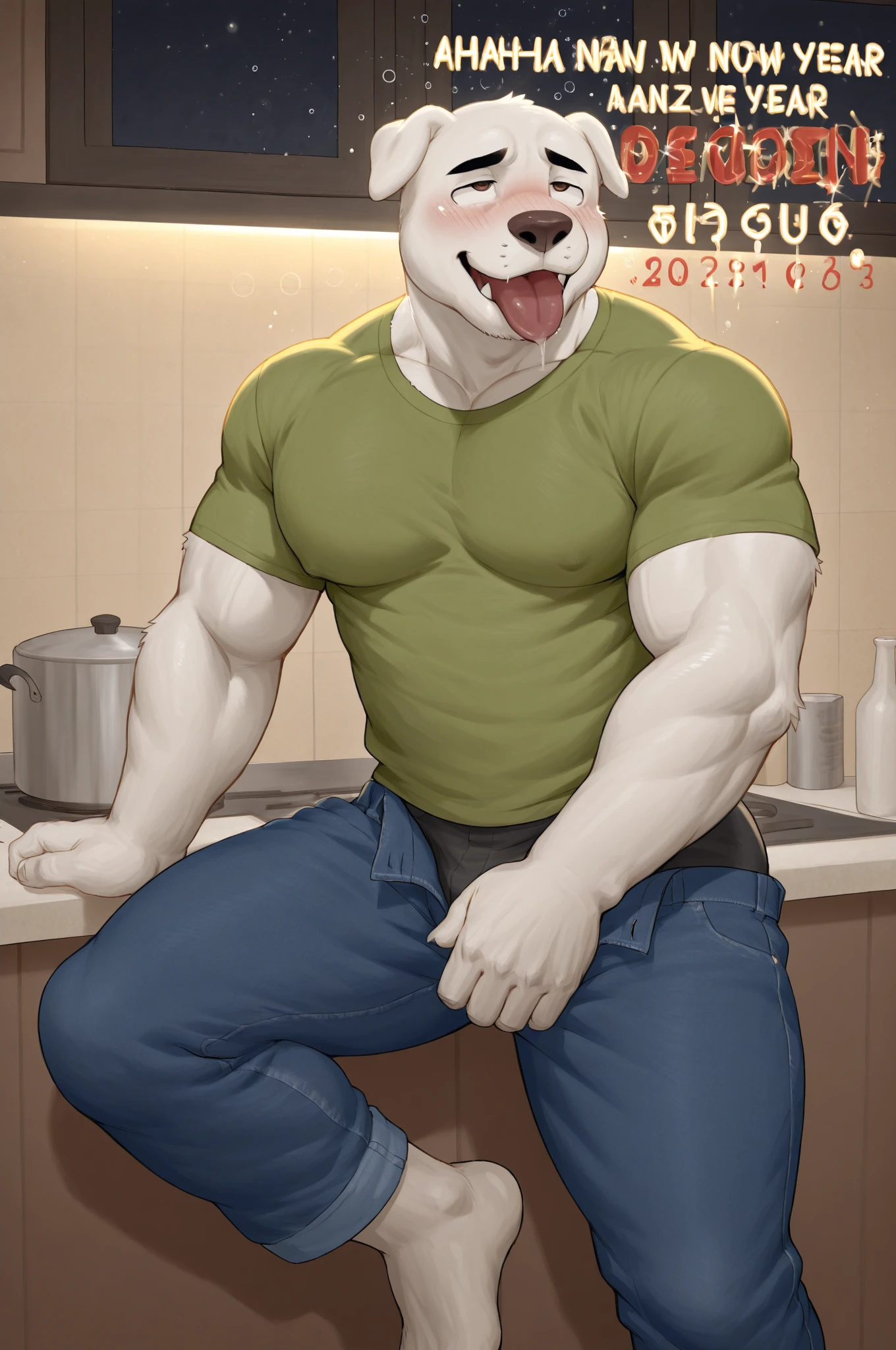 Muscular anthropomorphic wolf, in his 40s, naked, yawning, tired expression, kitchen background, eyes closed, hand on mouth Perfect detailed features, dadbod, belly_overhang, chubby, hard and very large penis, massive penis, morning wood, comic realism, 2D, Hand drawn, manga style, comic style, drawing, big wolf, handsome, sparkling light, rugged, looking at camera, comic style