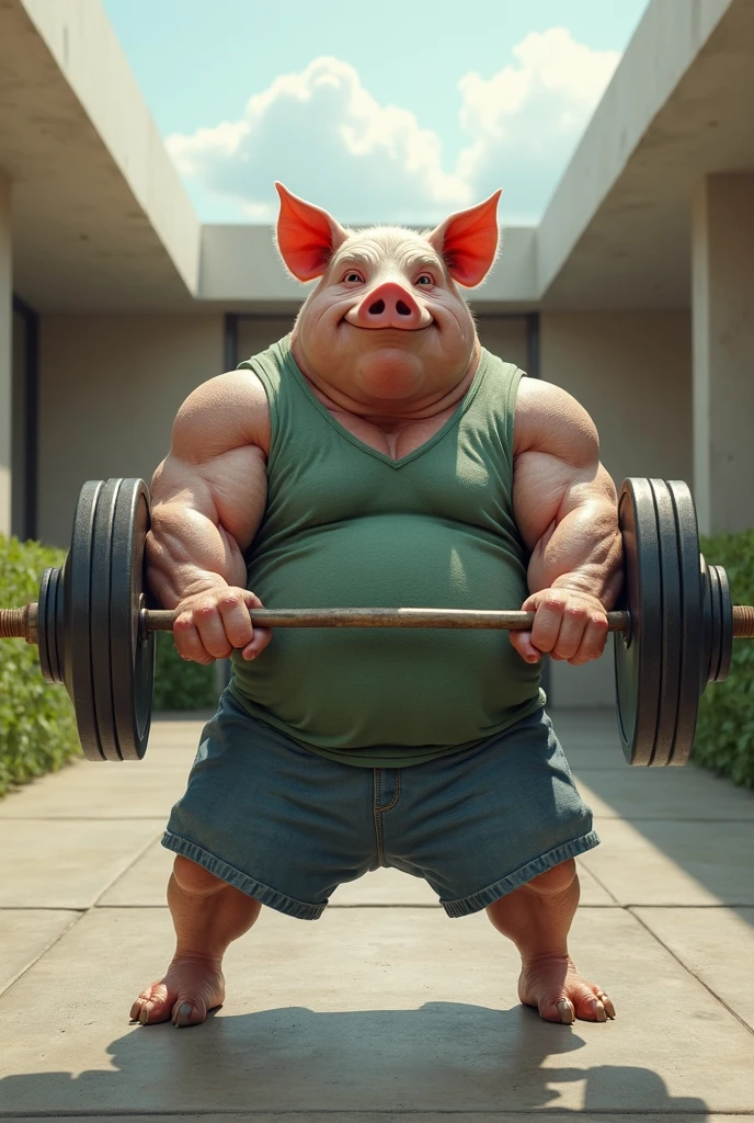 A pig lifting Olympic weights