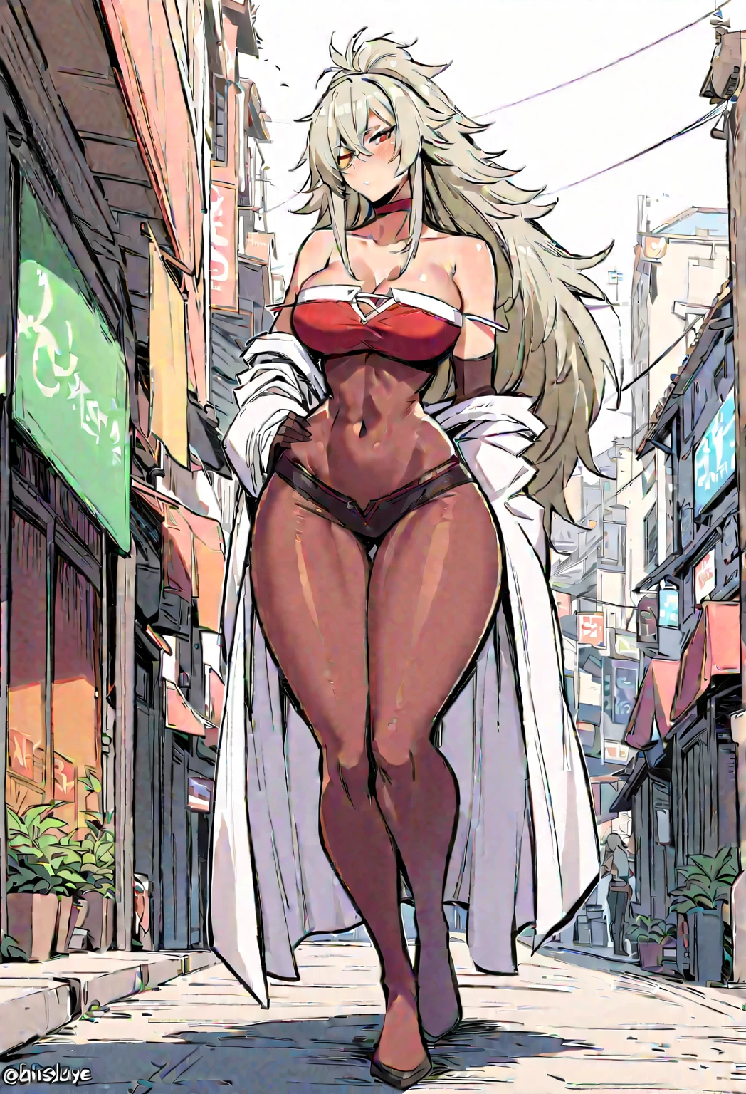 female, silver long hair, red eyes, tan skin, (((1girl))), (((red long robe with black accents))), (gold jewelry), (black heeled sandals), (black skirt), (black panties), cute and sexy, large breasts, large butt, full body, long legs, smiling, cleavage, shoulders exposed