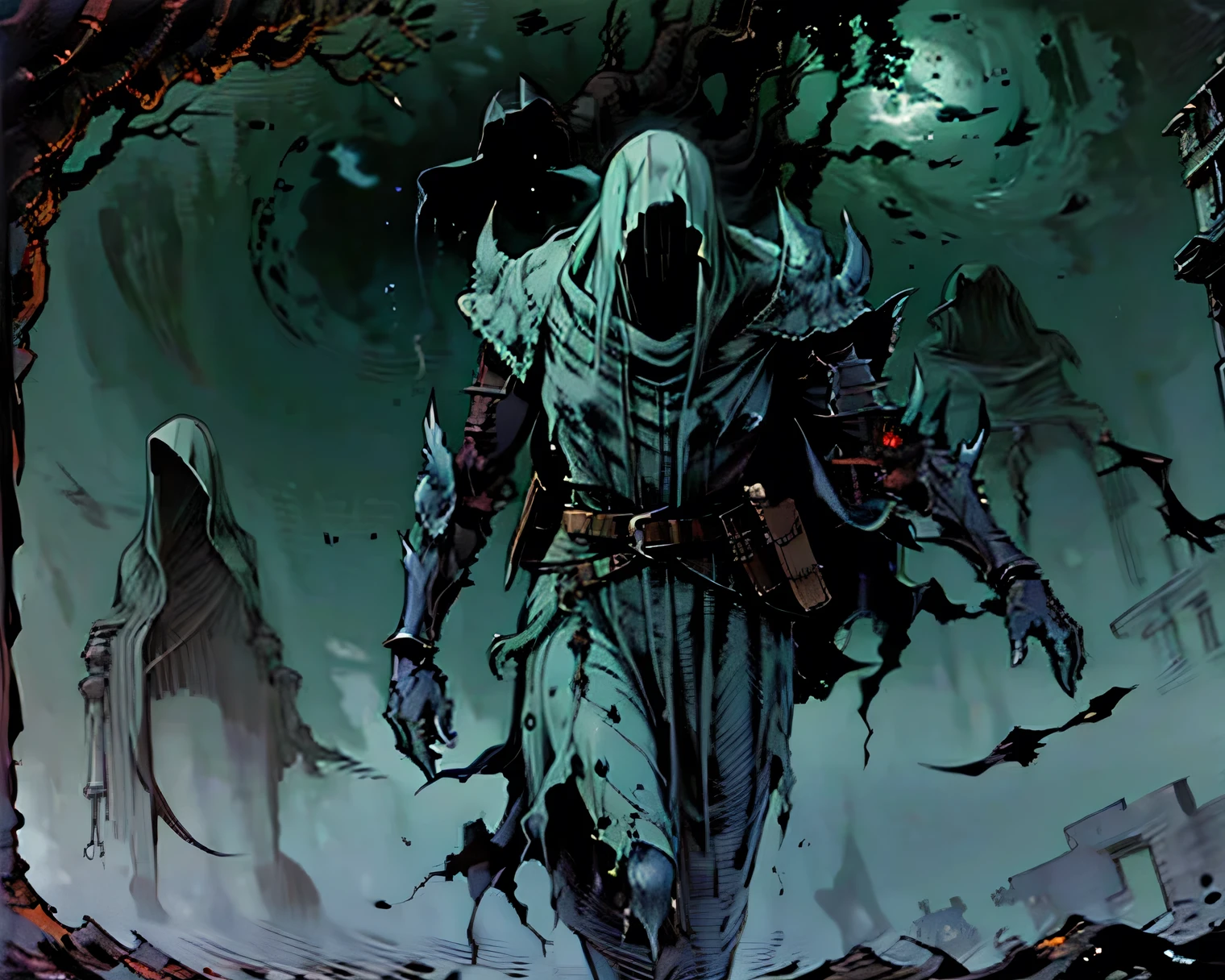 Dark high fantasy, ghostly armored sentinel hovering slightly above ground, cracked and rusted armor fused with spectral mist, glowing hollow eyes, ancient runes carved into chestplate, eerie green aura, cursed and eternal guardian, hyper-detailed, no background