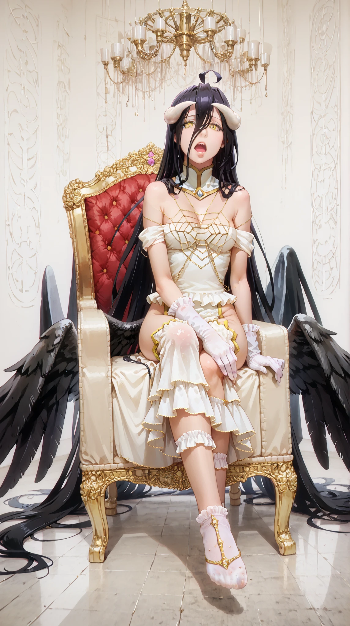 black hair, red eyes, sexy, large breasts, sexy, beautiful body, masterpiece, smile, bedroom, nude, naked, nipples,Sexual Intercourse, (cum in pussy),(breast milk), angel wings