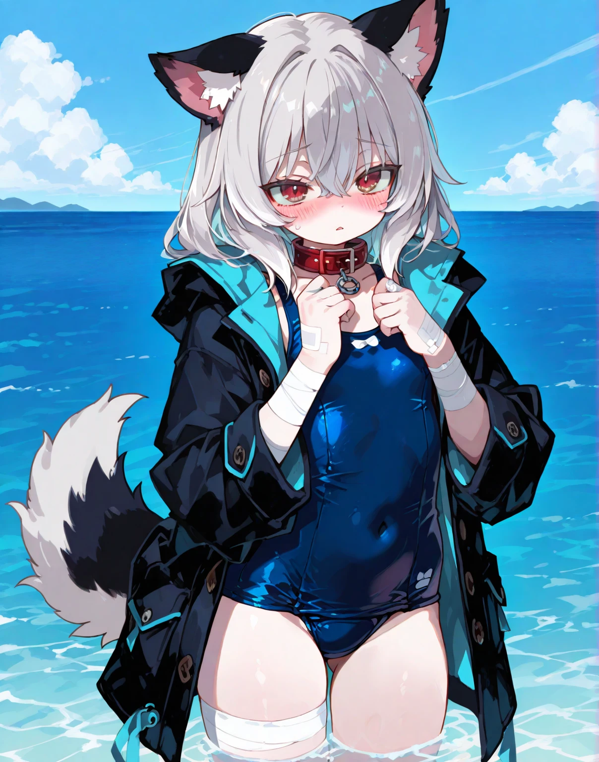 starrysky,sea beach,Big-tailed wolf,blue color eyes,Gray hair,long whitr hair,swim wears