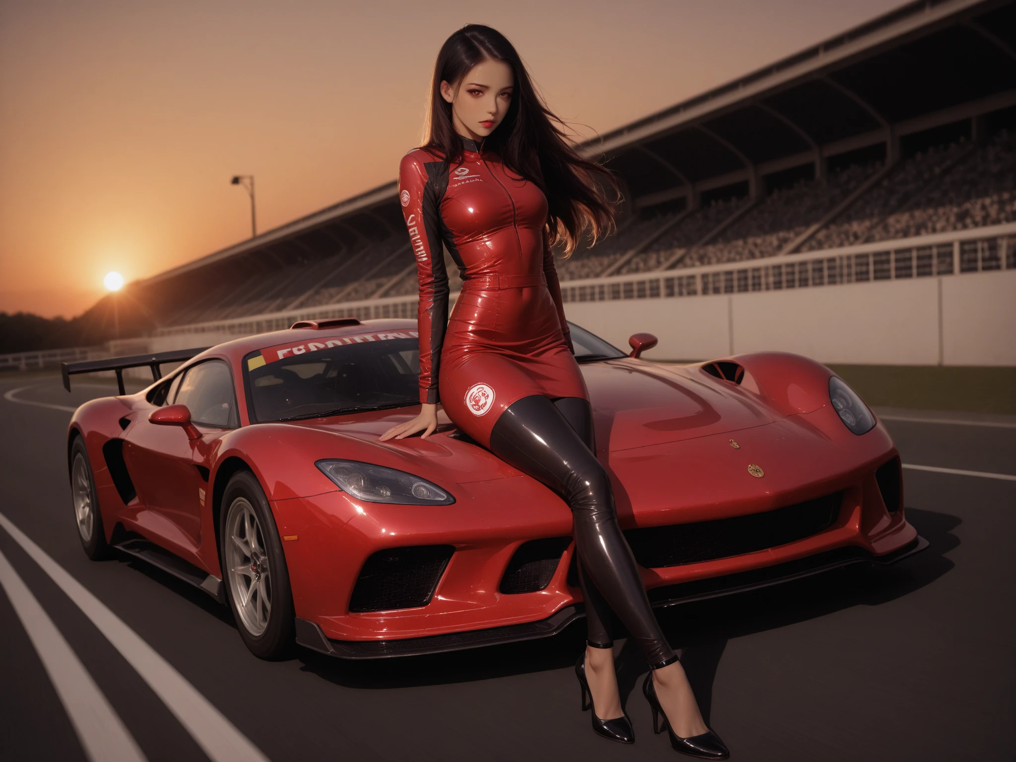 A very beautiful woman on top of a Ferrari