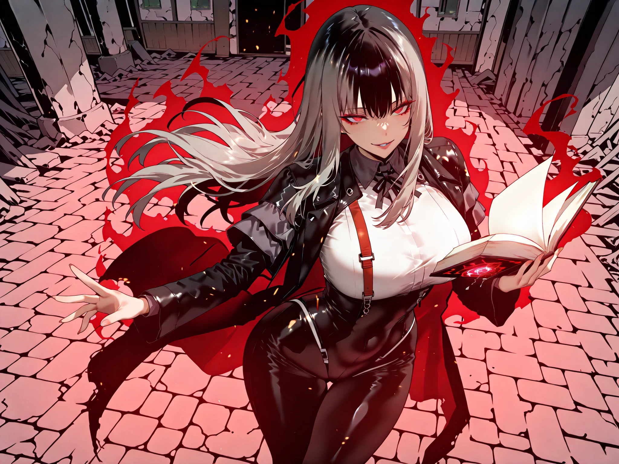 Ball of Light、雷magic、Ball of Light、fireball、taken from above、caveの中、Ruins、black suit、black longsuit、 black long jacket、ゴスロリなshirt、Depressed、Tall Woman、A woman in her thirties、 Alassah's woman、Steins;Gate、 black longsuit 、score_9, score_8_up, score_7_up, Source_anime,masterpiece、No expression、no makeup、top quality,beautifully detailed eyes in a logistics warehouse, Exquisite Eyes、A sophisticated eye、highly detailed eyes and faces,unmotivated expression、lethargic face、 long breasts, Black Jacketを羽織る、Black Jacket、shirt, big saggy breasts, shockingly big breasts, big breasts,big boobs、boobs 、Zitoida, makeup、no makeup、long hair、smooth straight hair、black slacks、tall woman、Tall Woman、plump thighs, parted lips、 shining eyes,(Fire Aura Onkown),dungeon内、Crimson Eyes、long hair、dark haired、黒い髪、Long Straight Hair、dungeon、cave、Ruins、solo、soloプレイヤー、red aura、 Crimson Aura 、Wide ass、beautiful butt、and stick your butt into the focus of your butt、long boots、Shoulder Armor、Fearless Laugh、strong、Is confident、suit pants、黒いlong pants、Black Skinny、long pants、Dynamic、Satu、fight、Satu狂、俺だけレベルupな件、arrogant、 Confidence々The smile 、bewitching smile、Sadist、Satu中、hunting、hunting、intimidating、magic使い、magic、Spell Book、magic、Spell Book、magicの本、Floating Book、floating book、Pearl of Light、Light Ball、 Floating Books、Flying Book、左手にmagicの玉、plasma、plasma球、Glowing sphere、Flying Book