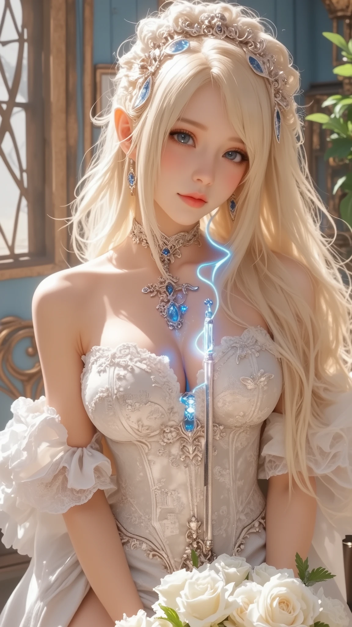 1girl, highly detailed character, long white hair, beautiful blue eyes, delicate facial features, (best quality,4k,8k,highres,masterpiece:1.2),ultra-detailed,(realistic,photorealistic,photo-realistic:1.37),mage, magical girl, fantasy, final fantasy 14, elegant robe, flowing dress, glowing staff, dramatic lighting, atmospheric,vibrant colors,cinematic composition