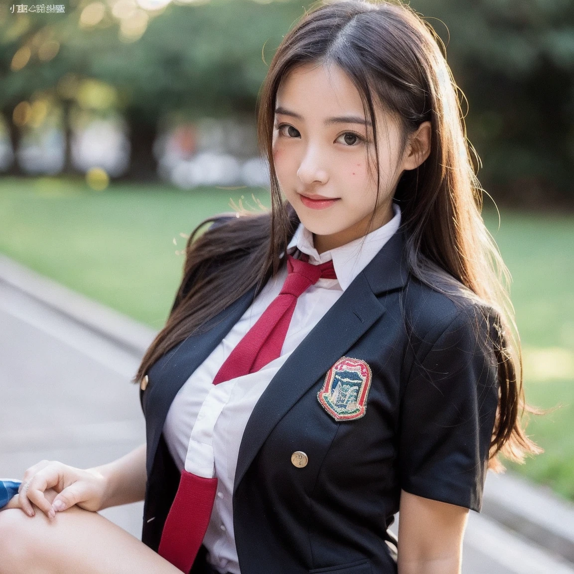 (best qualtiy,8k,tmasterpiece:1.3)),1girll, ssmile,full bodyesbian,Slim Faces,slim toned body,Beautiful woman,exquisite facial features,(High School Uniforms:1.4),Super detailed face,Detailed eyes,二重まぶた,((A shallow smile:1.2)),blur backgroun,城市, do lado de fora, the street,voluptuous figure,Natural lighting,Bright light,((A plump chest:0.6)),((high-angle shot:0.7))