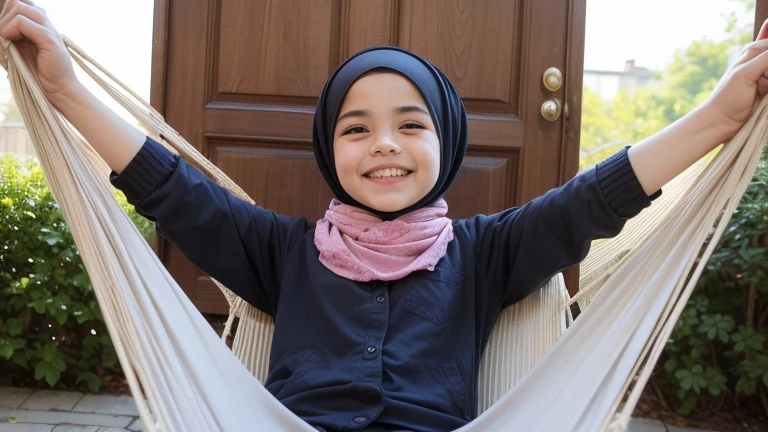 Best quality, masterpiece, ultra high resolution (photorealistic: 1.4), raw photo, 1 girl, European girl, caucasian girl, cute and adorable girl, teenage girl, wearing black hijab, baggy white t-shirt , grey shorts, ((black socks)), in her livingroom, laughing, full body view, Sitting、Legs crossed
