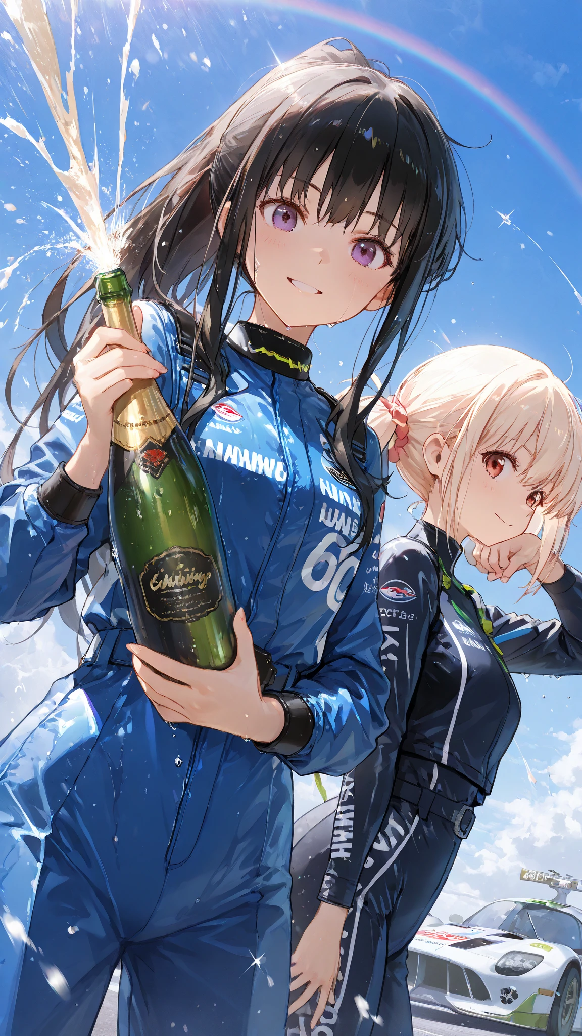  two beautiful girls,(beautiful girl : 1.3),masterpiece,top quality,High quality images,8k,Textures,High precision in selection,Unity 8K壁紙,Detailed Images,Two people run side by side,1 Beautiful Girl,inoue takina,ponytail that flies the plate,1 Beautiful Girl,nisikigi chisato,racing suit,alcohol, holding a big bottle, champagne spray,Action,angle from below,wet clothes,wet hair, Sunny,rainbow,upper body,Smile Yan,Angle from top left,F1 Racing Car,Aim at viewers champagne spray