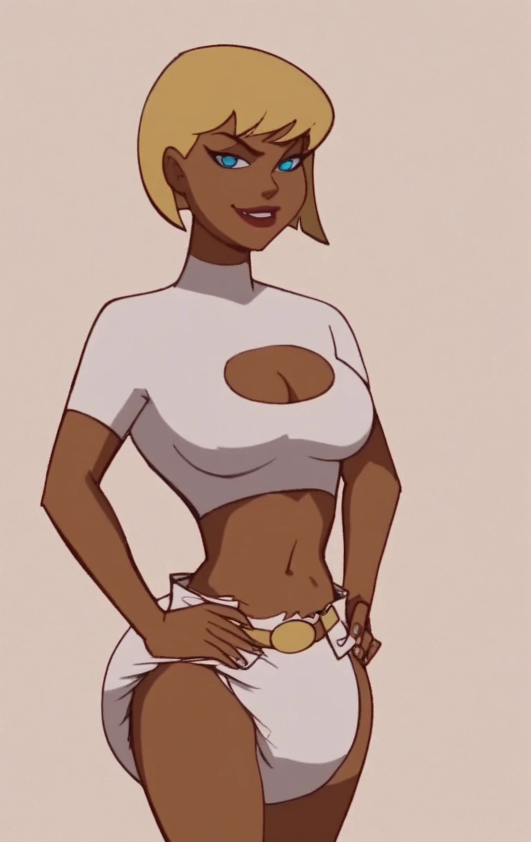 detailded, work of art, ultra HD, anatomically correcte, best qualityer, 4K, absurderes, shexyo, (White background:1.3), (Halibel level, facial mark, hair blonde, blonde eyebrows, short hair with three strands, greeneyes:1.2), (1 girl, standing alone, standing, portraite, gazing at viewer, hands behind the back:1.3), (thick, voluptuous, milf,fatter, thick thighs, thicc thighs gordas, Broad Hips:1.3), (sensuous, Panas, blush, thick lips, large lips, sensuous grin, wide smile, pretentious smile, presumptuous, sensuous, muted, naughty:1.3), (darkskin, fêmea de darkskin:1.6), (thicc thighs, elbow gloves, sleeveless, bared shoulders, skintight, high collar:1.6)