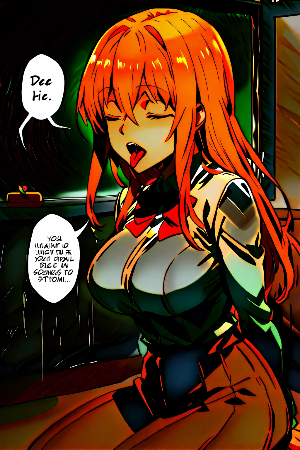 Sugar Angle, Soryu Asuka Langley, (Soryu Asuka Langley:1.5), blue eyes, Hair between the eyes, headgear, Interface Headset, Orange Hair, Both sides up,
Blake Bodysuit, Long sleeve, Plug Suit, Red bodysuit,
Indoor rest, Shabby room,
break looking at viewer, (Cowboy Shot:1.5),
break (Tabletop:1.2), Highest quality, High resolution, unity 8k wallpaper, (figure:0.8), (Beautiful attention to detail:1.6), Highly detailed face, Perfect lighting, Highly detailed CG, (Perfect hands, Perfect Anatomy),Bare breasts、((Nipples are visible:1.7)),Naked upper body,((Very angry face:1.2)),Glare,Open your mouth wide