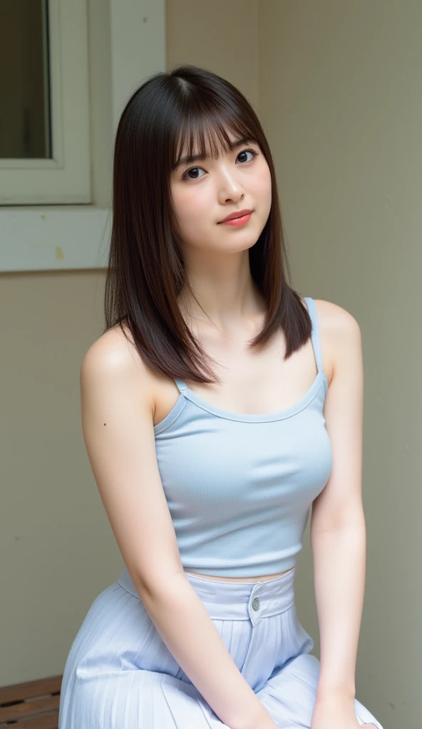 (highest quality:1.5)、(Realistic:1.5)、(1 person:1.5)、Very detailed、High resolution、8k、(Composition for taking upper body shots)、Small breasts、Natural color lips、Cute smile、Japanese women、20 year old girl、Arched thin eyebrows、Beautiful and elegant face、Cute face、(Large, balanced eyes)、Big Eyes、Fair skin、Beautiful and elegant face、Natural Bangs、Beautiful and thin nose、Beautiful Skin、Medium Bob Hair、Natural Bangs、Perfect and beautiful face、Slim face and figure、（Natural smileでカメラを見て）、(Bright lighting)、Professional Lighting、 (Lighting from the front)、Natural smile、Standing against a simple wall、Plain tight micro tank top sportswear、The clavicle is visible、The navel is visible、