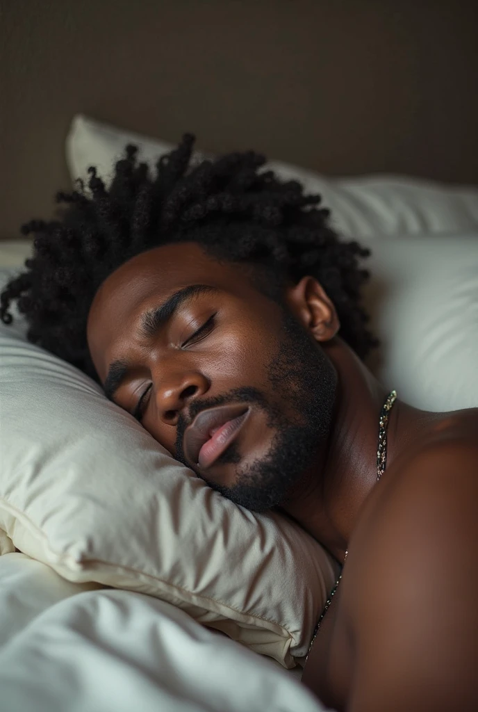 Create a hyper-realistic 8K cinematic image of a 4 athletic man with short, curly black hair and a medium brown skin tone. The scene captures him arriving home after a long day. He changes into comfortable, worn-out clothes—representing a state of relaxation and comfort. The focus is on the moment he collapses onto a bed with a deep sigh of relief, surrounded by the soft, warm glow of a cozy room. His tired, yet peaceful expression, combined with his casual, almost "indigent" attire, highlights the comfort he finds in this daily ritual.
