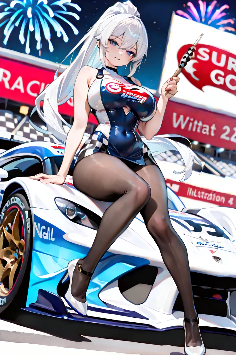 Highest quality、super high quality、16K, Breast size is random、topless、Nipples、Facial expressions are random、The location is a circuit、 Hair color is silver hair、The pose is standing with legs spread apart.、The distance is random、The angle is from the side、Small face、Very delicate facial expressions、Delicate eye depiction、Highly detailed hair、Erotic、18-year-old female、Glowing Skin、Soft Skin、The only sexy Japanese woman、Race queen outfit random、
