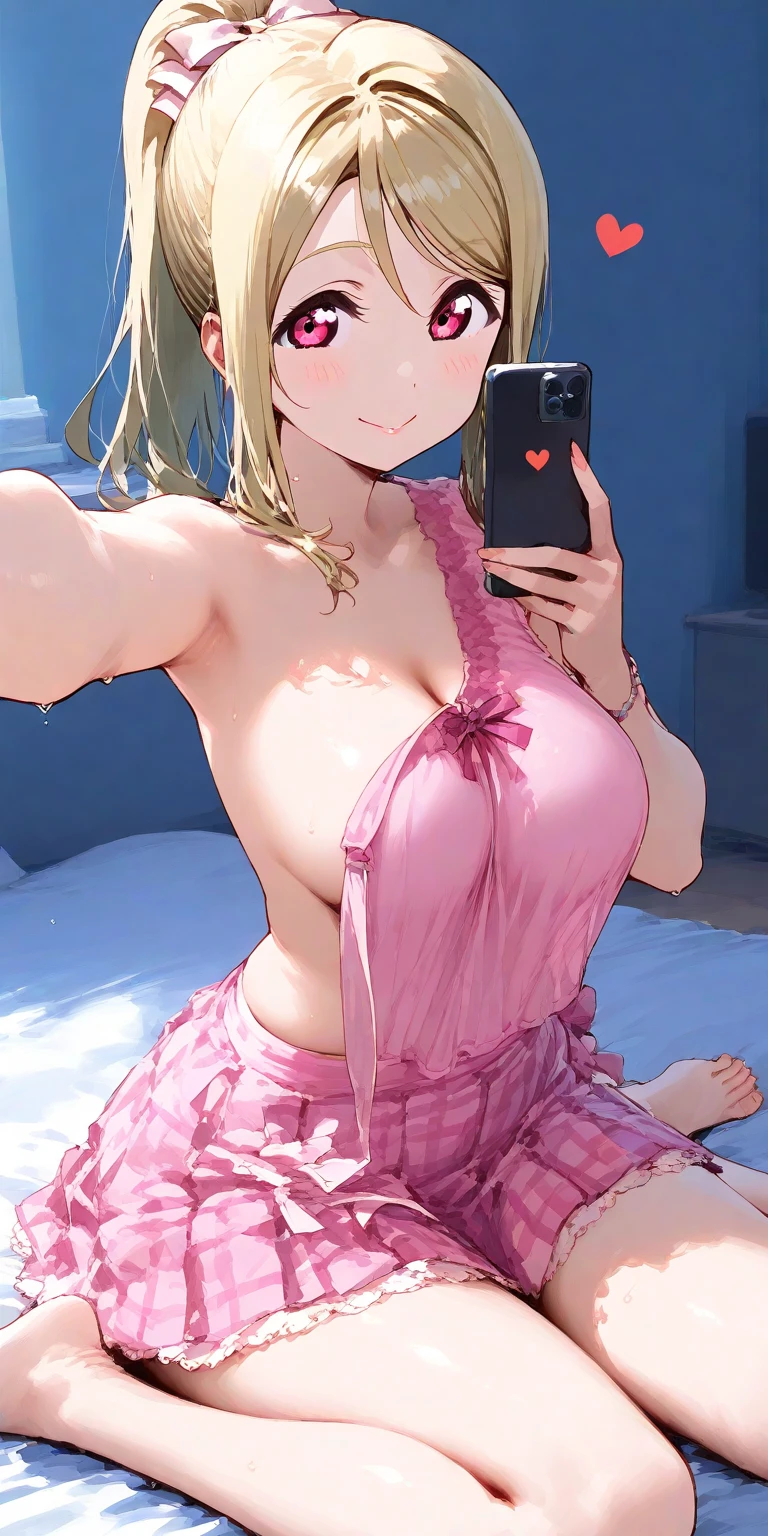 score_9, score_8_up, score_7_up, score_6_up, uncensored, erina nakiri, blonde hair, long hair, purple eyes, BREAK (masterpiece:1.2), best quality, high resolution, (illustration:0.8), (detailed eyes:1.3), perfect lighting, (perfect hands, perfect anatomy), hearts, pleasured, reflection, selfie, mirror, phone, covering nipples, covering, solo, large breasts, tiny waist, wide hips, huge ass, thick thighs, thick, perfect body, sexy body, Asselfie, lying, thong, cellphone, crossed ankles, sweating, shiny skin,