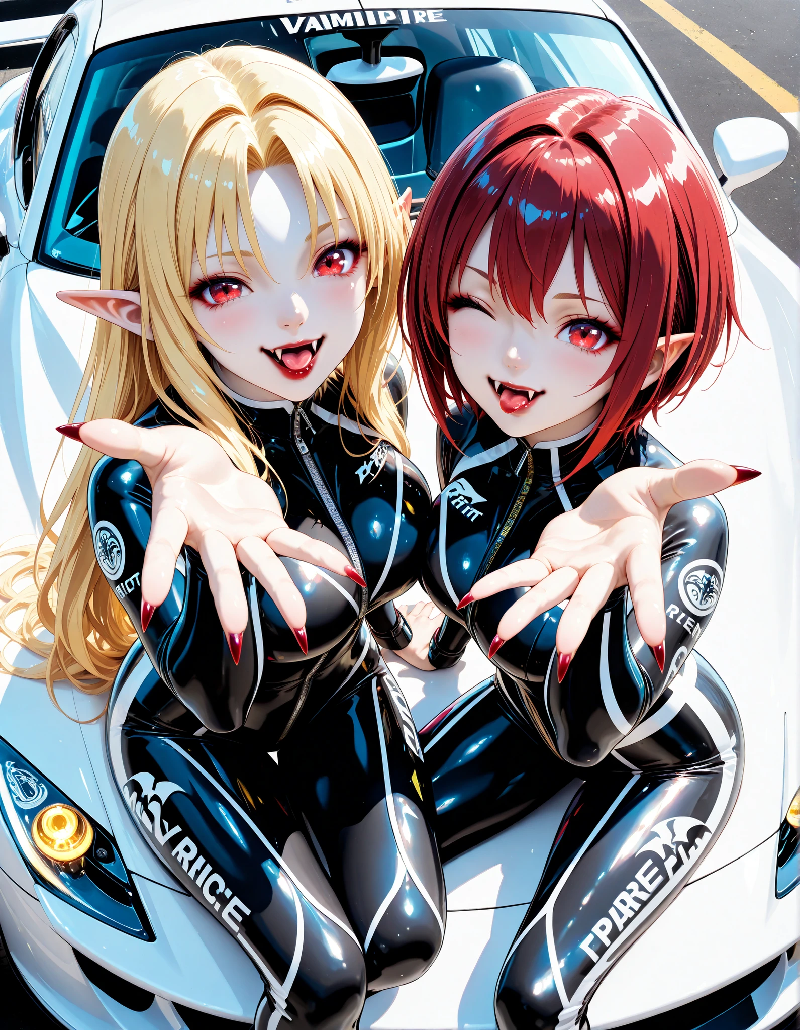 Very High resolution,Realistic and mature anime-style,masterpiece,best quality,amazing quality,hyper-detailed,very aesthetic,medium shot,from above,dutch angle,(An F1 race,A pit garage at the circuit,A racing car parked in the background),A duo,(Symmetry),Two female vampire campaign girls,Sitting on the front of a racing car,Yellow hair,Red hair,Long hair,Short hair,(white skin:1.4),Curvy,(Mature),Red eyes,Long and pointed ears like an elf,(Vampire fangs protruding from between her lips:1.3),very long fangs,Dark red lipstick,A bright smile,Blowing a kiss,(A wink),(A bodysuit with a beer advertisement on it),(Long and pointed nails:1.2),Red nail polish