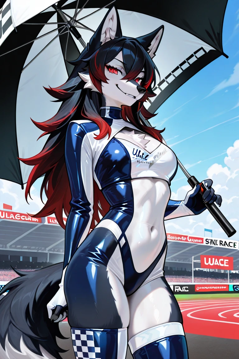 ((best quality, Masterpiece, Complete anatomy, Detailed pictures)), 1 female, arctic protogen, shark girl, Long visor, purple visor, purple eyes, sexy body, Big Pong, Chest 87, Waist 57, Thigh 86, naked, Shark tail, red red, shy, in the sea, Denim short, white bra, shorts, Stick out your tongue and drool.