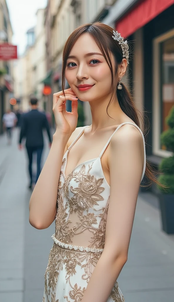 ((Best Quality, 8K, Masterpiece: 1.3)), Fat Body Beauty: 1.4, 30 years old, mature, Bust fullness: 1.6, Thigh Volume: 1.6, Highly detailed face and skin texture, Delicate eyes, Double eyelids, Chubby face, thin lips, smile, fair skin, (dress: 1.6), Standing posture, city street background