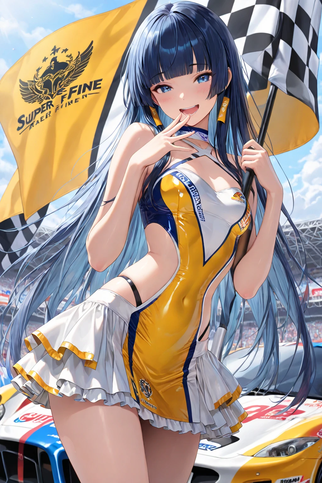 masterpiece, best quality, 1girl, Sona \(league of legends\), blue hair, blue eyes, gradient hair, collarbone, twintails, hair ornament, long hair, (race queen), (bodysuit), car track, smile, flag, confetti
